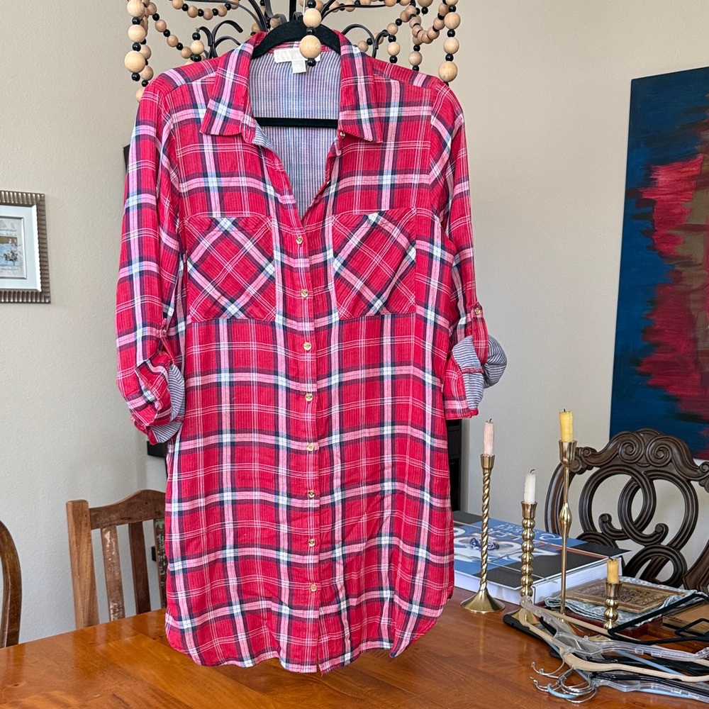 Michael Kors Red Plaid Button-Down Shirt-Dress